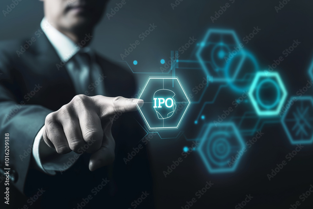 Wall mural man is pointing at a screen with the word ipo on it