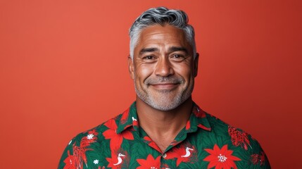 Smiling Indigenous Australian man wearing a Christmas shirt with festive decorations on a warm red-to-orange gradient background