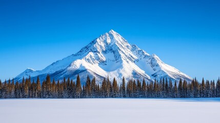 Snow-capped mountain peaks glowing in soft morning light under a clear blue sky with snowy pine trees in the foreground 