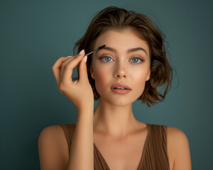 Fototapeta premium Young beauty lady is applying makeup, cosmetic including mascara, to her eyes. Concept of beauty and self-care, as the woman takes the time to enhance her appearance. The use of a brush