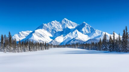Fototapeta premium Snow-covered forest leading to distant towering mountain peaks under a clear, deep blue winter sky 