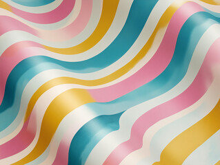 Obraz premium Funky wallpaper with retro design with multicolored stripes with wavy pattern in playful rhythm. Vibrant wallpaper with bold colors like mustard, teal, and pink shades colorful stripes visual pattern.