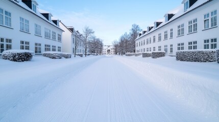Obraz premium Snow-covered historic city center with charming old buildings and cobblestone streets under a clear winter sky 