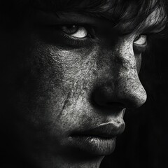 Dramatic black and white portrait, strong shadows, textured effect