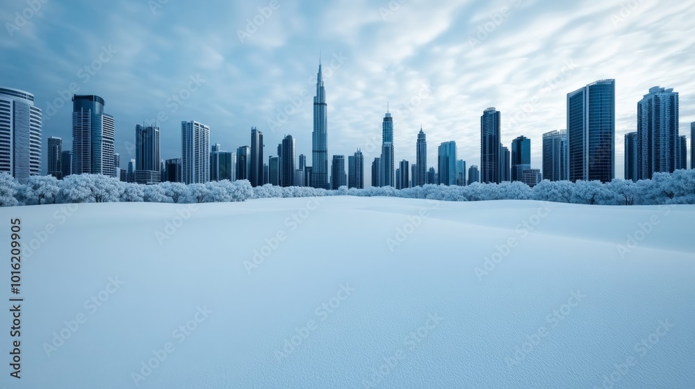 Sticker Snow-covered skyline of a futuristic city with towering skyscrapers and frosted green spaces under a cold winter sky 