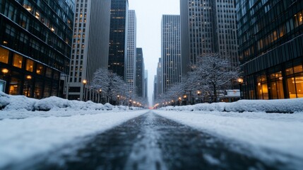 Fototapeta premium Snow-dusted skyscrapers and frozen streets with soft winter light reflecting off glass buildings in the city 