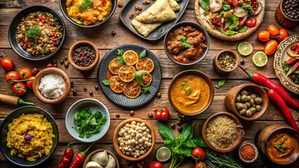 Fototapeta premium A Festive Table of Bowls Filled with Colorful Delights, Surrounded by Aromatic Herbs, Spiced Peppers, and Bright Citrus Slices
