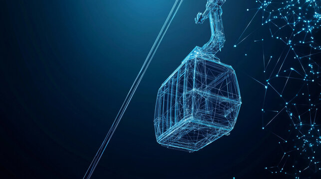 A cable car with an observation cabin suspended on a stretched cable, depicted in a low-poly design of interconnected lines and dots against a blue background.

