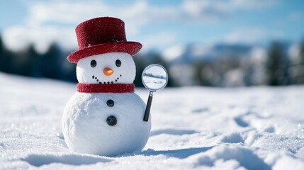Obraz premium Snowman as a detective wearing a snow fedora and holding a magnifying glass, standing beside snow footprints, soft winter scene in the background 