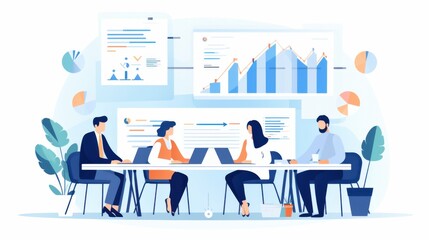 Illustrated teamwork meeting with diverse professionals discussing strategic charts and graphs in a modern setting.