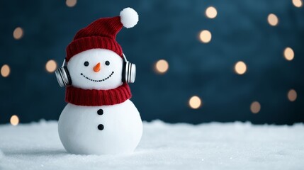 Obraz premium Snowman dressed as a DJ with snow headphones and a snow turntable, spinning records in a snowy winter wonderland with lights and snowflakes 