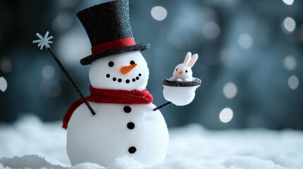 Fototapeta premium Snowman dressed as a magician with a top hat and wand, pulling a tiny snow bunny from a snow-covered top hat, stars and snowflakes swirling around 
