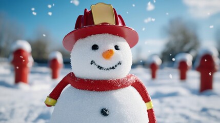 Fototapeta premium Snowman dressed as a firefighter with a tiny red helmet and hose, surrounded by snowy fire hydrants, snowflakes falling gently from a bright blue sky 