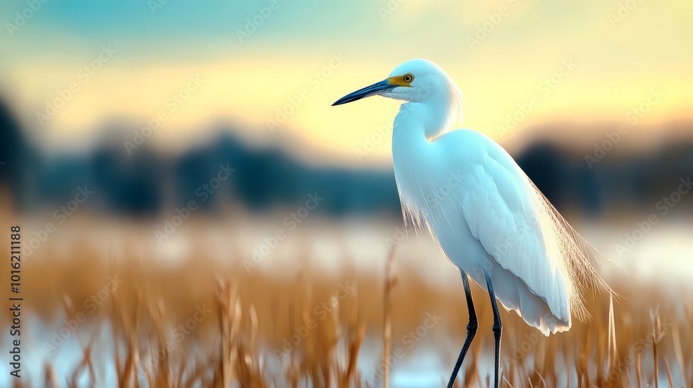 Sticker Snowy egret standing in a shallow frozen marsh, its white plumage blending seamlessly with the icy reeds, soft morning light illuminating the scene 