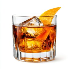 Sophisticated old fashioned cocktail with a large ice cube and orange peel isolated on white background 