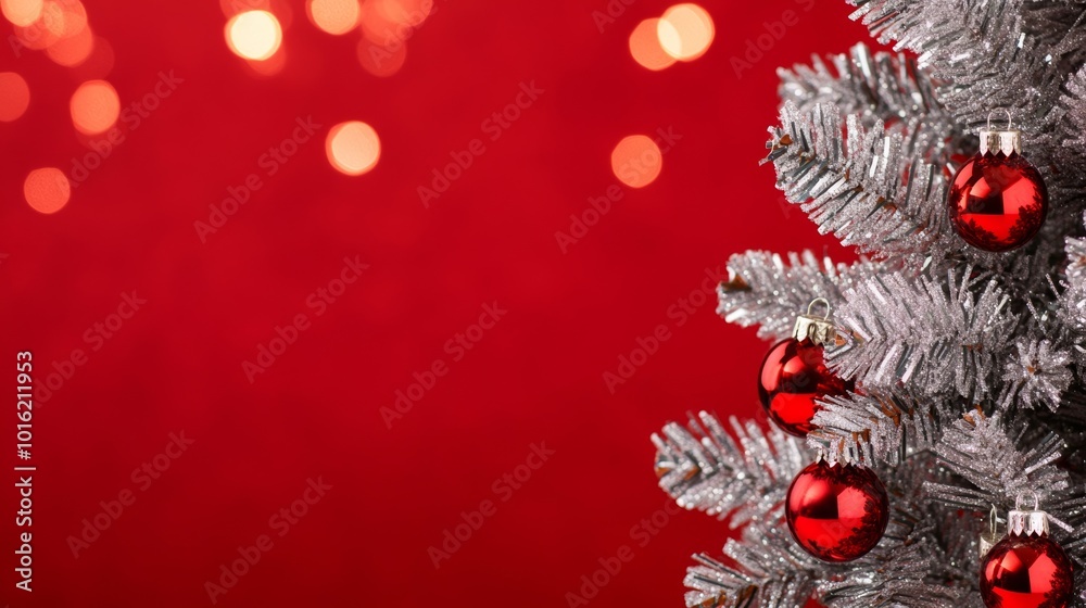 Wall mural Sparkling Christmas tree with silver and red garlands, softly blurred warm background with glowing bokeh lights 