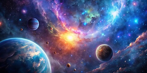 Cosmic Symphony A celestial ballet of swirling nebulae, vibrant planets, and distant stars, illuminated by a radiant core of cosmic energy. © Kukar Studio
