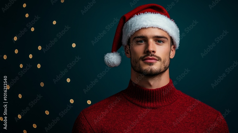 Sticker Stylish man in a tailored Christmas sweater and Santa hat with twinkling lights on a dark blue-to-silver gradient background 