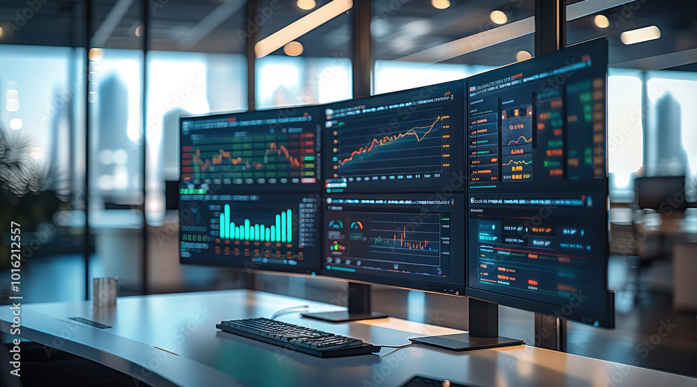 Poster A high-tech investment dashboard displaying real-time financial data, trends, and analytics on large screens in a modern office environment.