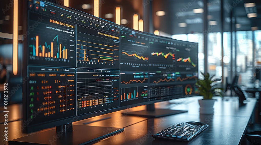 Poster a high-tech investment dashboard displaying real-time financial data, trends, and analytics on large