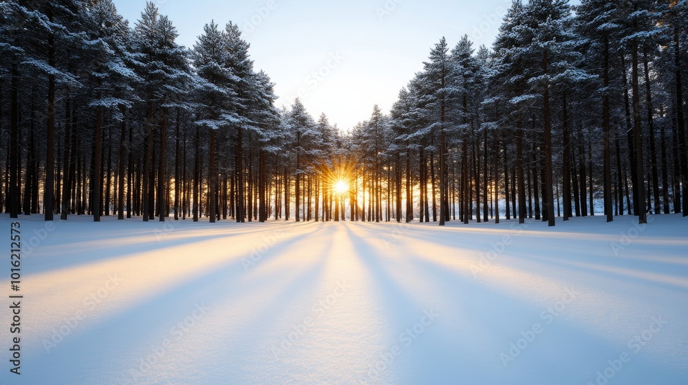 Wall mural Sunlit winter forest with snow-covered branches and a soft blue sky peeking through the tall trees 