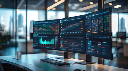 A high-tech investment dashboard displaying real-time financial data, trends, and analytics on large screens in a modern office environment.
