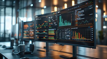 A high-tech investment dashboard displaying real-time financial data, trends, and analytics on large screens in a modern office environment.
