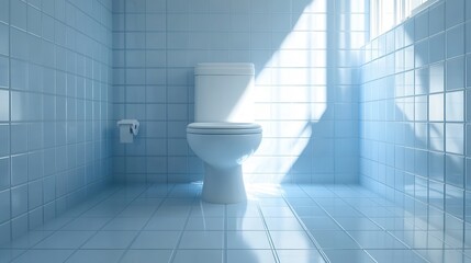 A well-lit bathroom with blue tiles and a white toilet basking in morning sunlight