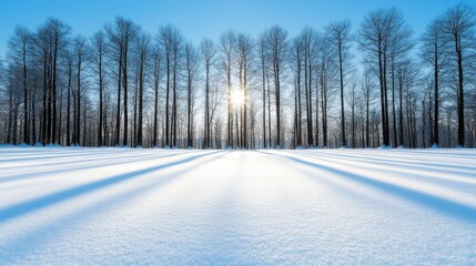 Sunlit winter forest with snow-covered branches and a soft blue sky peeking through the tall trees 