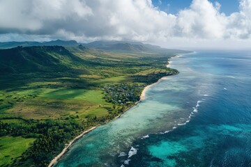 Aerial View of Mauritius Island. Cloudy Day Over Coastal Coral Hills