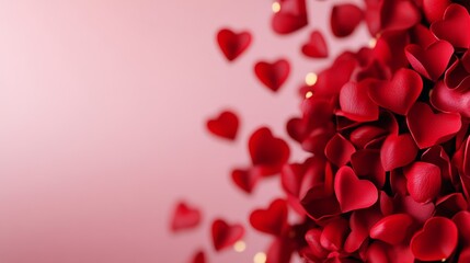 Surreal Valentine's background with swirling rose petals and floating golden hearts on a soft pink-to-gold gradient background 