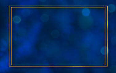 Abstract dark blue festive background with gold frame. Defocused Blue Lights Over Dark Background