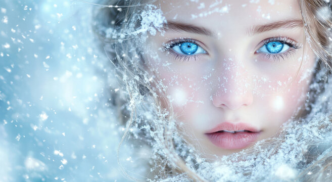 Close-Up Portrait of Woman with Icy Snowflakes on Face and Frozen Blue Eyes - Winter Wonderland Beauty and Frosty Fantasy Concept