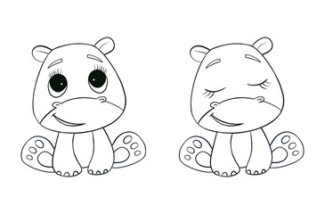 Baby hippo line art. Coloring page of Cute Cartoon hippo for kids coloring book