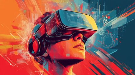 Fototapeta premium Concept of virtual reality technology showcasing a graphic of a user wearing a VR head-mounted display, integrated with a Metaverse interface.