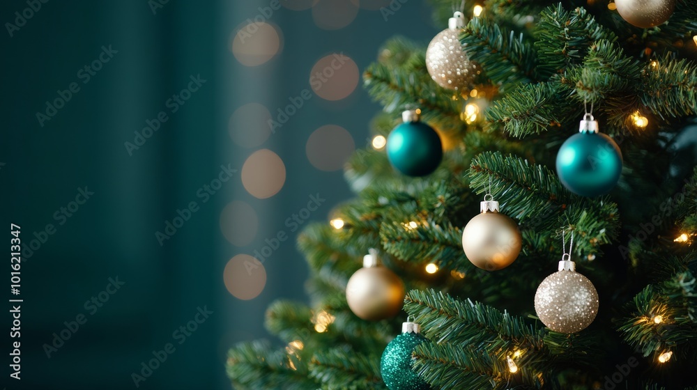 Poster Traditional Christmas tree with glittering baubles and lights, softly blurred background creating a festive glow 