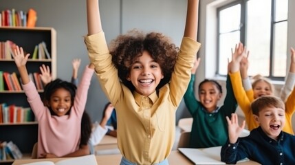 A classroom buzzes with excitement as diverse schoolchildren eagerly raise their arms in spirited participation and shared enthusiasm.