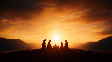 Fototapeta premium Traditional nativity scene with shepherds and Wise Men gathered around baby Jesus, warm glow from a distant star 
