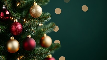 Traditional Christmas tree with glittering baubles and lights, softly blurred background creating a festive glow 
