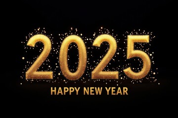 Golden lettering "2025" and "Happy New Year" on black background with glow bokeh dots and stars