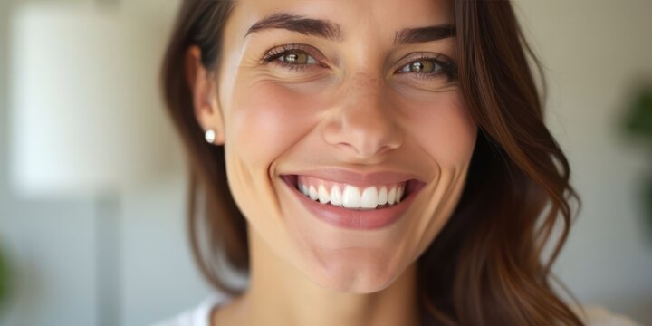 Close-up of a smiling woman's mouth with open lips and visible white healthy teeth. The concept of dental treatment and hygiene. Generative AI