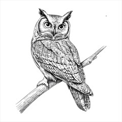 Highly Detailed Black and White Owl Illustration with Intricate Feather Design Perched on a Branch