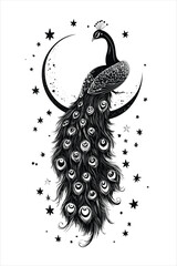 Celestial Peacock Illustration with Detailed Feathers and Moon in Black and White Fantasy Art Style