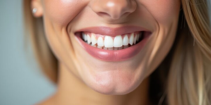 Close-up of a smiling woman's mouth with open lips and visible white healthy teeth. The concept of dental treatment and hygiene. Generative AI