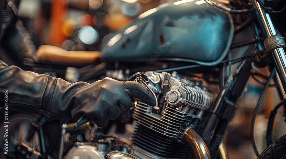 Aufkleber A mechanic inspecting a motorcycle engine with tools in hand emphasizing maintenance check.