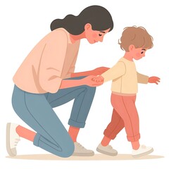 Flat-style illustration of a mom gently helping her toddler take their first steps. Ideal for family, parenting, and early childhood-themed designs. Simple, heartwarming composition on a white