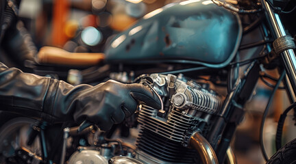 Fototapeta premium A mechanic inspecting a motorcycle engine with tools in hand emphasizing maintenance check.
