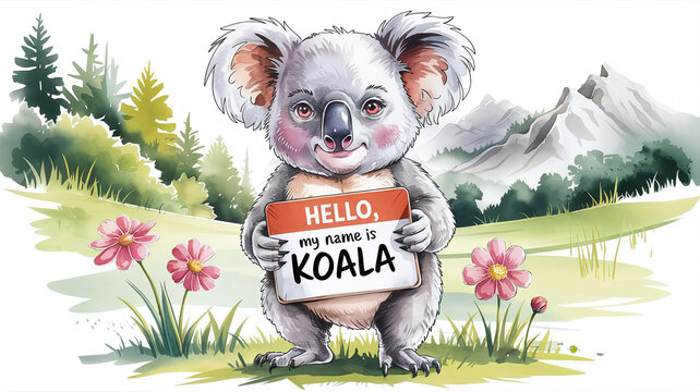 An illustration of a koala. The koala is holding a playcard on a grassy field. There are flowers in the background. watercolor texture
