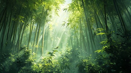 Fototapeta premium Tall bamboo stalks in a dense forest with sunbeams filtering through the foliage .
