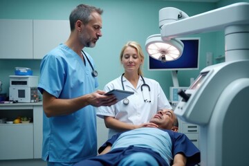 Fototapeta premium Doctor at modern medical office in hospital examines and consults the patient